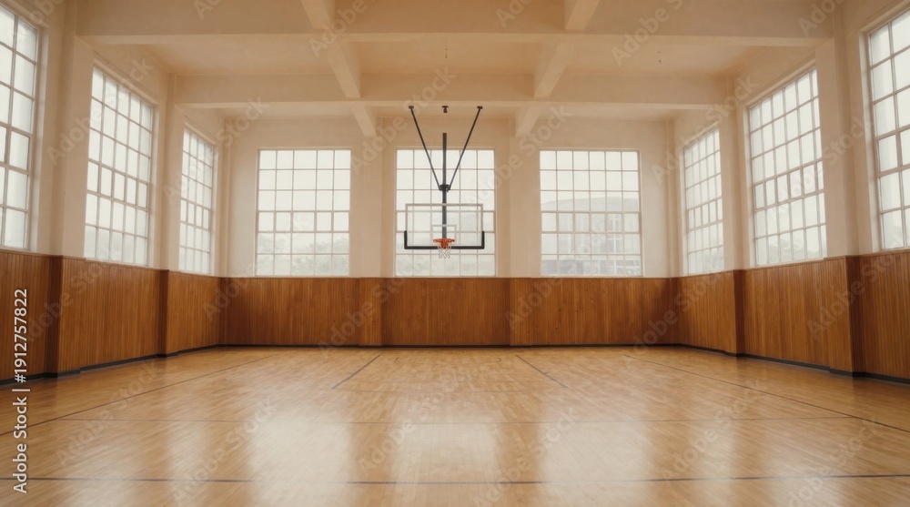 Obraz premium Empty Gymnasium Interior with Basketball Hoop, Hardwood Floor, and Natural Light for Sports or Fitness Concepts