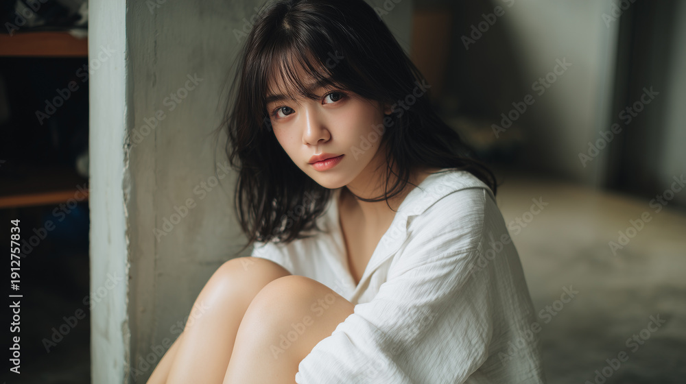Fototapeta premium Relaxed Japanese woman sitting on floor in cozy room natural light
