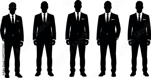Set of Five Professional Male Silhouettes Wearing Formal Business Suits and Ties Standing in Confident Poses for Corporate Design Projects