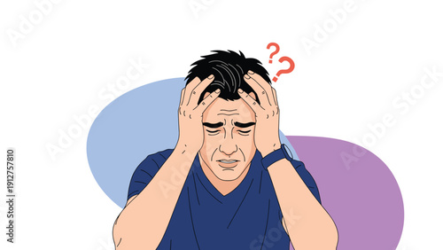 Distressed young man holding his head with his hands looking confused or suffering from a severe headache or mental stress.