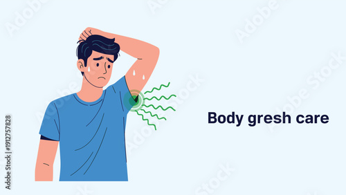 Unhappy young man with visible sweat patches under his arms suffering from bad body odor and needing hygiene products care.