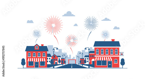 vector illustration of a small town celebrating with fireworks on a transparent background