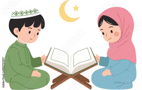 Children Reading Holy Book Together Under Crescent Moon Illustration