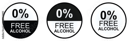 0% Free Alcohol Round Label Set with Black and White Certification Badge Icons for Product Packaging
