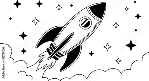 Black and white cartoon rocket ship blasting off into a starry sky with clouds space