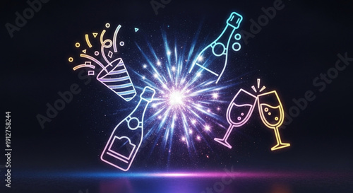 Neon lit champagne bottles and glasses celebrating with sparkling fireworks on a dark background for new year's eve or party invitation