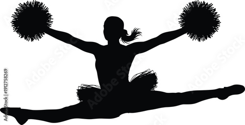 Black cheerleader silhouette jumping with pom poms isolated on white background for high school spirit sports team support dance performance and cheering competition vector