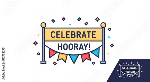 Colorful celebration banner with confetti and hooray sign for party and festive events bright and joyful atmosphere