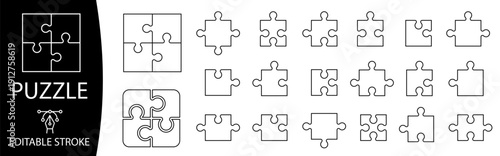 Puzzle line icons. Puzzle pieces. Solution, jigsaw, strategy, connection, brain. Editable stroke