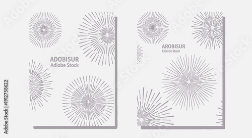 Vector set of gray sunburst designs on white background with subtle purple gradient