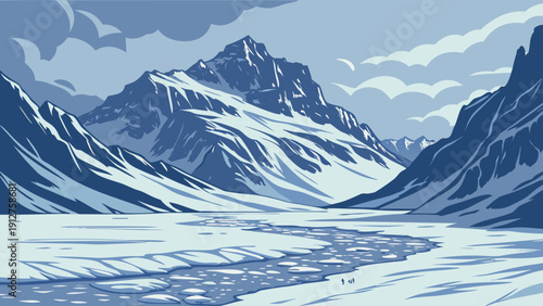 Vintage Style Illustration of an Arctic Glacier with Frozen River and Blue Mountain Peaks