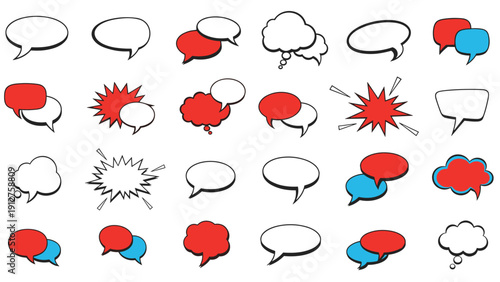 Collection of simple speech and thought bubbles in red, blue, and white colors with various conversational shapes.