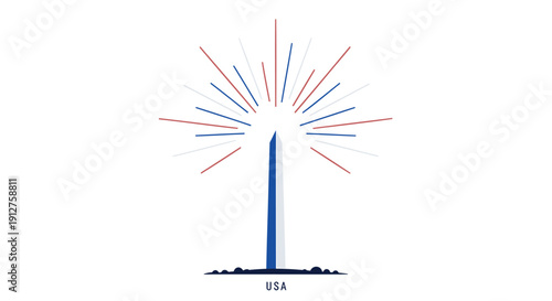vector illustration of the Washington Monument with red, white and blue starburst lines isolated on transparent background