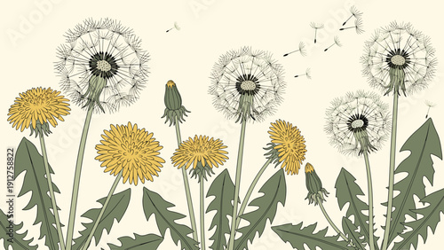 Detailed vintage illustration of dandelion plants at various stages of growth with floating seeds on a beige background.