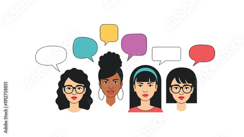 Cartoon illustrations of four diverse women with various colorful speech bubbles representing different ideas and conversation.