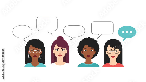 Group of diverse young women avatars with empty speech bubbles for social media communication and conversation concept.