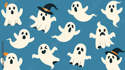 Pattern of cute cartoon ghosts with different facial expressions on a blue background for halloween celebration and decorations.