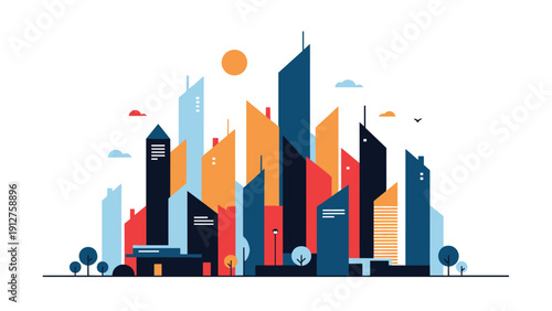 Stylized modern city skyline with tall skyscrapers in vibrant colors under a bright sun for urban architecture and real estate.