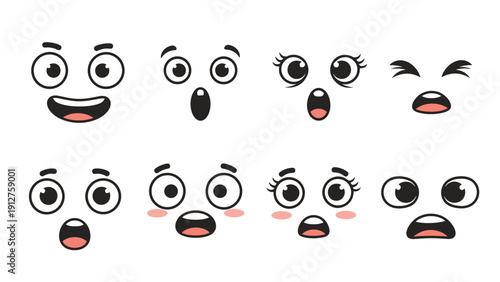 Various cartoon facial features including eyes and mouths showing different emotions like surprise and happiness characters.