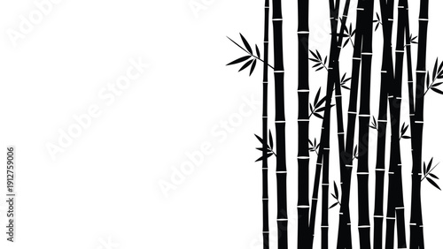 Simple black silhouette of bamboo stalks with green leaves for oriental zen background and decorative nature design themes.