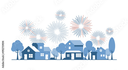 Vector illustration of a suburban neighborhood with houses and trees celebrating a festive occasion with colorful fireworks in the night sky, isolated on transparent background