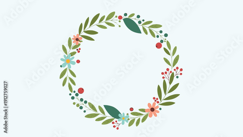 Simple floral wreath with green leaves and red berries on a light blue background for festive seasonal decorations and cards.