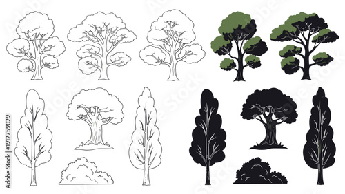 Collection of different tree and bush shapes in line art silhouette and color for landscape architecture design projects.