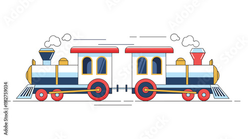 Flat vector illustration of a toy steam locomotive and a passenger car with red and blue accents on a white background.