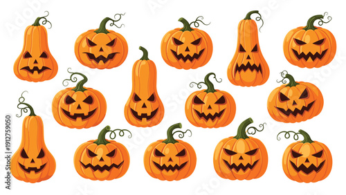 Assortment of spooky Halloween jack-o-lantern pumpkins with different scary facial expressions carved into them.