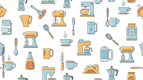 Seamless pattern background featuring various kitchen appliances and tools like coffee makers, mixers, and whisks.