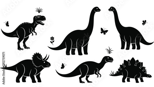 Silhouette collection of different dinosaur species including Tyrannosaurus Rex, Brachiosaurus, and Triceratops.
