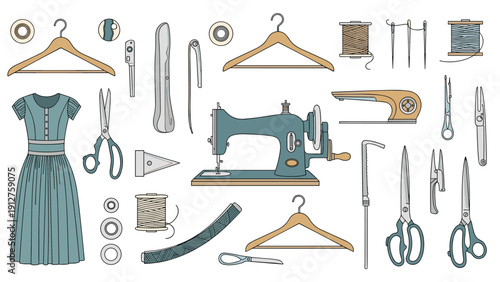 Collection of vintage sewing tools and accessories including a sewing machine, scissors, hangers, and a blue dress.
