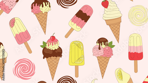 Delightful seamless pattern featuring various ice cream cones, popsicles, and lollipops on a pale pink background.