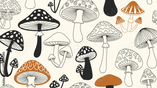Whimsical seamless pattern of various mushrooms in black, white, and brown colors with different cap patterns.