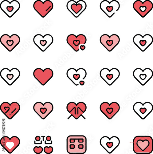 A comprehensive collection of charming flat design vector heart icons is presented featuring various styles and colors perfect for digital interfaces social media applications or web design projects r