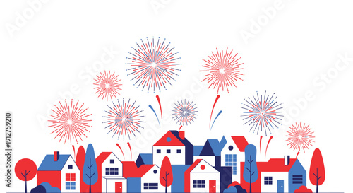 Vector illustration of a small town celebrating with red, white, and blue fireworks on a transparent background