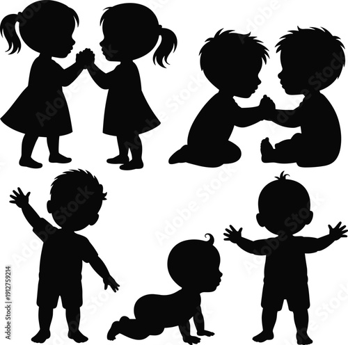 Cute baby and toddler silhouette set with children clapping hands, sitting, crawling and waving, black little kids figures isolated on white background.