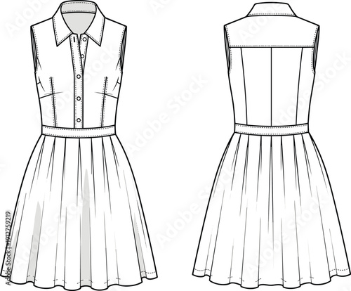 Blank sleeveless button down shirt dress vector technical sketch template, front and back view of collared mini dress for fashion design