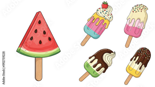 Assortment of ice cream popsicles including one shaped like a watermelon slice and others with various toppings.