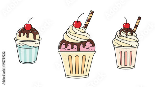 Three delicious ice cream sundaes in cups topped with chocolate sauce, whipped cream, cherries, and wafers.