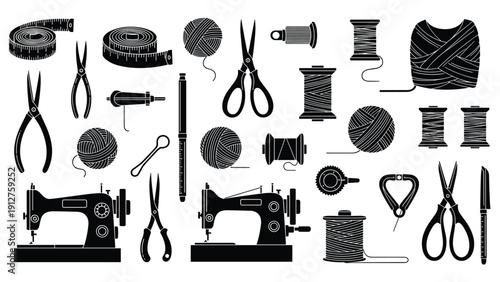 Comprehensive set of sewing and tailoring icons shown as black silhouettes on a white background for design.