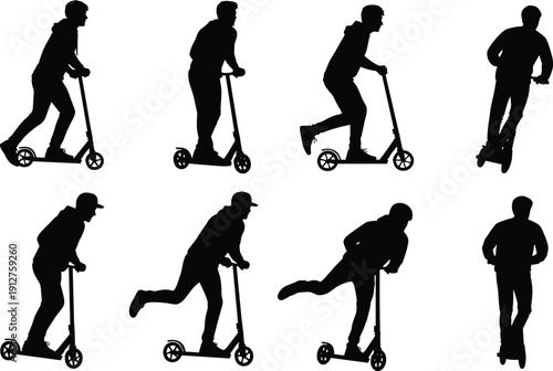 Black silhouette of man riding kick scooter in various poses and tricks isolated on white background for urban transport lifestyle sport and outdoor activity vector