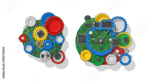 Digital Clockwork Mechanism Illustration. Gears, Microchips, and Circuit Board combining time and technology concepts on a white background.