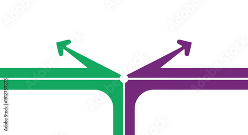 Crossroads Decision Point Concept. Two Diverging Paths Split into Green and Purple Arrows on White Background. Strategy and Choice Illustration.