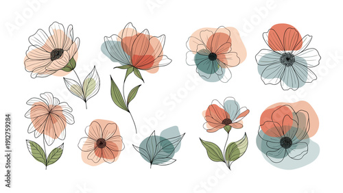 Elegant floral sketches with colorful abstract organic shapes in pink blue and green tones creating a modern botanical art set.