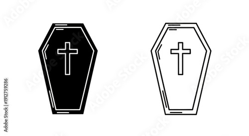 Two coffin shapes with a cross on top, one black and one white, vector illustration Vector