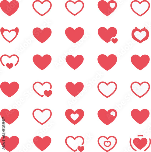 This comprehensive collection showcases various red and delicately outlined heart icons, perfectly representing love, romance, passion, and affection, making them ideal for a wide range of graphic des