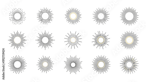 Diverse set of sunburst and starburst ornaments in minimalist black and white line art suitable for logos and decorative designs.