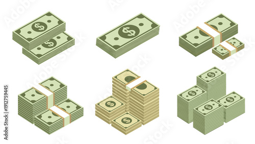 Isometric illustrations of stacks and bundles of green paper money with dollar signs representing wealth savings and finance.