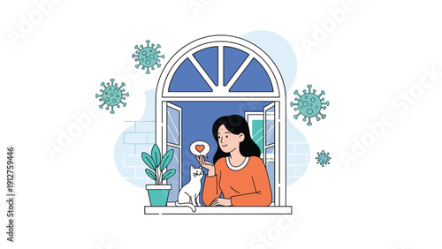 Girl with her cat looking out of a window while staying safe at home during a pandemic with virus symbols outside.